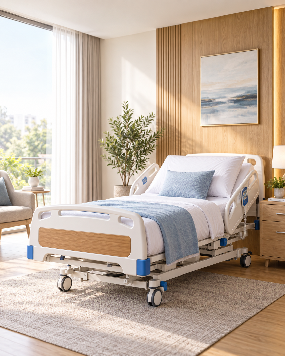 Powered home care bed in a comfortable modern bedroom