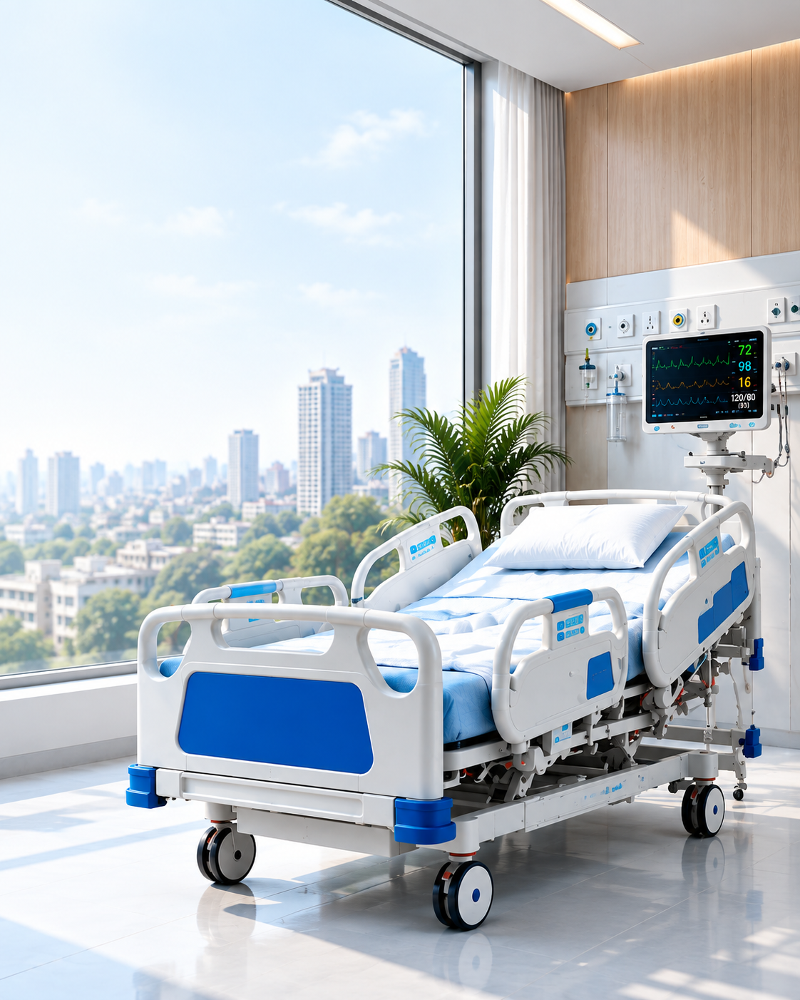 Powered hospital bed in a modern patient room